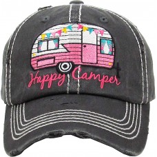 Embroidered HAPPY CAMPER on Black Mujer&apos;s Baseball Cap  Distressed Hat  eb-48967968